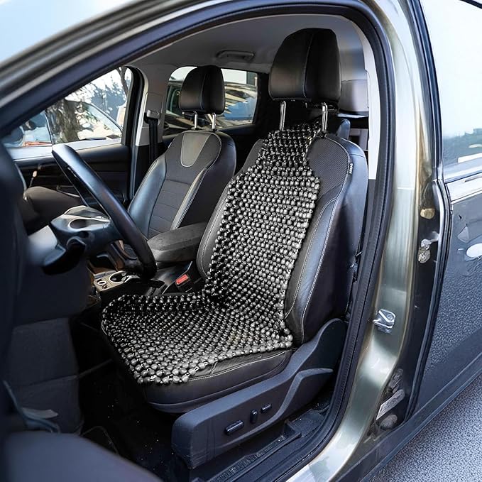 ZONETECH Wood Beaded Seat Cushion, Premium Quality, Black, Car Massaging, Double Strung, Stress Free (1 Pack)
