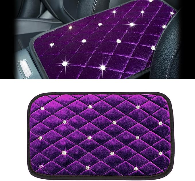 Bling Car Center Console Cover, Soft Fluffy Armrest Seat Box Cushion Pad, Crystal Diamond Arm Rest Protection Mat, Automotive Interior Decoration Accessories for Most Vehicles (Purple)