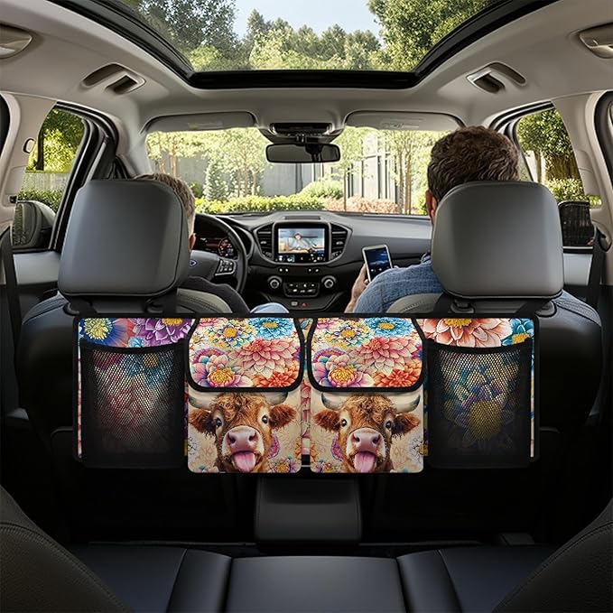 Highland Cow Print Car Trunk Organizer Hanging Car Organizer Back Seat, Hippie Flower Oxford Cloth Seat Back Storage Bag, Will Provide More Space for SUV, Trucks, Van, Sedan