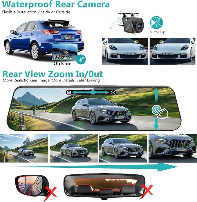 12" 3 Channel 4K Mirror Dash Cam, Sony STARVIS 2 IMX675 Night Vision, BSD Blind Spot Detection, 4K+1080P+2.5K Front Inside Rear View Camera, 5.8GHz WiFi, 24H Parking Mode, 128G Card