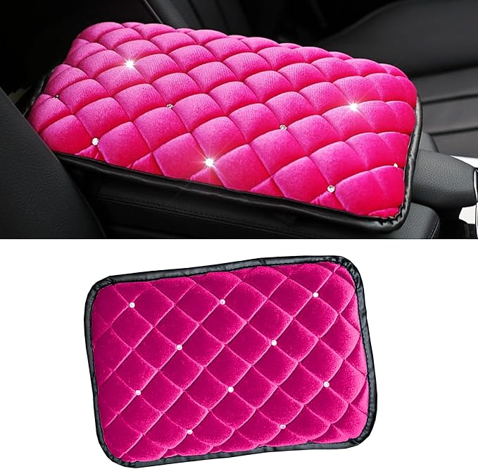 Bling Car Armrest Cover, Crystal Rhinestone Fluffy Automotive Armrest Seat Box Cushion Pad, Soft Comfortable Diamond Car Center Console Cover, Universal Vehicle Accessories (Rose Red)