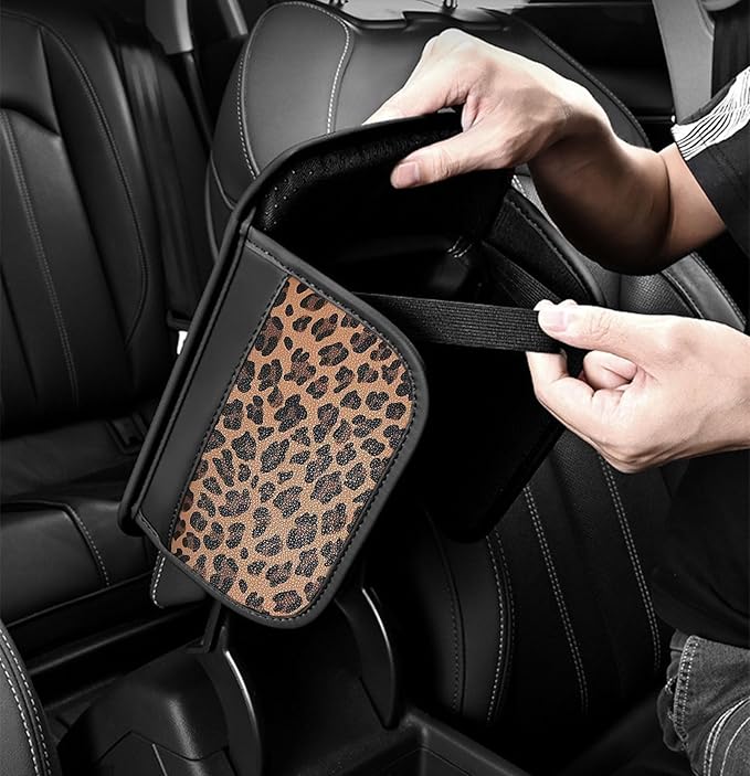 Dotesy Brown Cheetah Print Car Center Console Cover,Microfiber Leather Car Armrest Pad Cushion with 2 Storage Bags,Universal Car Armrest Storage Box Car Interior Accessories for Most Vehicles