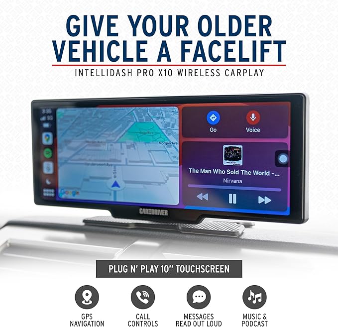 Car and Driver IntelliDash Pro X10, 10" Wireless Apple CarPlay & Android Auto Display, Portable Touchscreen Car Stereo w/Bluetooth, GPS Navigation, FM/AUX, Backup Camera Compatible for Cars & Trucks