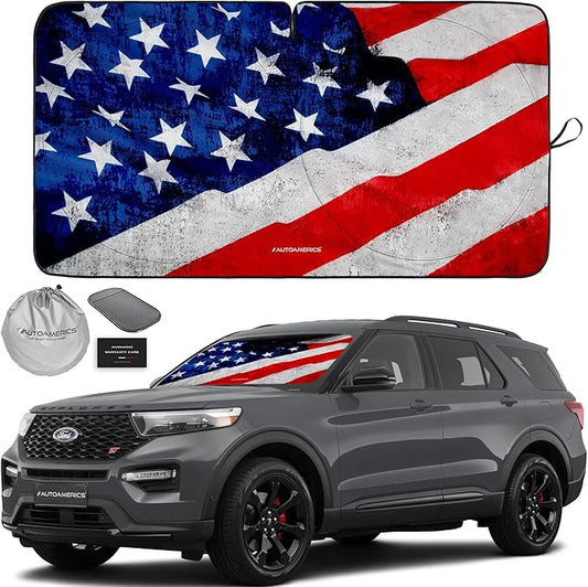 Autoamerics 1-Piece Windshield Sun Shade Grunge American Flag - 4 USA Design - Foldable Car Front Window Sunshade for Most Sedans SUV Truck - Blocks Max UV Rays and Keeps Your Vehicle Cool - Medium