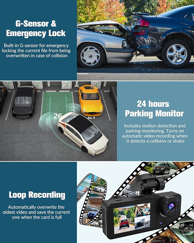 3 Channel Dash Cam,4K+1080P Dash Cam Front and Rear Inside, Dash Camera for Cars, Triple Car Camera with 32GB Card,Built-in G-Sensor, 2’’ IPS Display Car Camera,Loop Recording,24Hr Parking