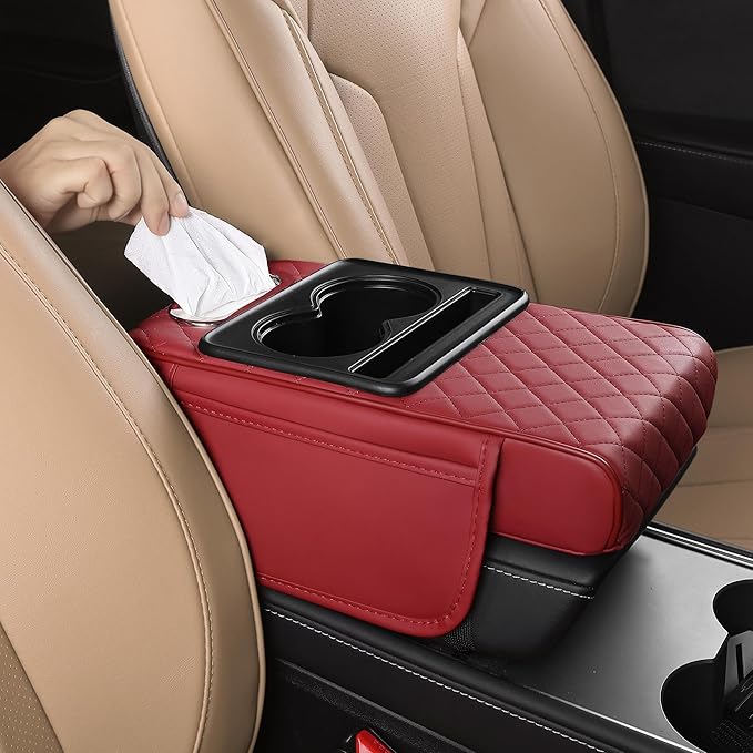 FREESOO Car Center Console Cover, Leather Armrest Cover for Car, Universal Middle Console Cushion With Storage Box, Cup Holder, Tissue Box, Phone Slot, Luxury Waterproof Interior Accessories, Wine Red