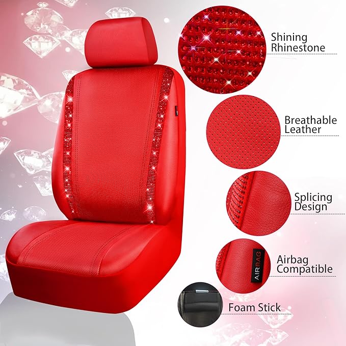 CAR PASS Bling Diamond Car Seat Covers Full Set, Shining Rhinestone Waterproof Faux Leather, Rear with Zipper, Universal Fit Automotive Glitter Crystal Sparkle Strips for Cute Women Girl, Red