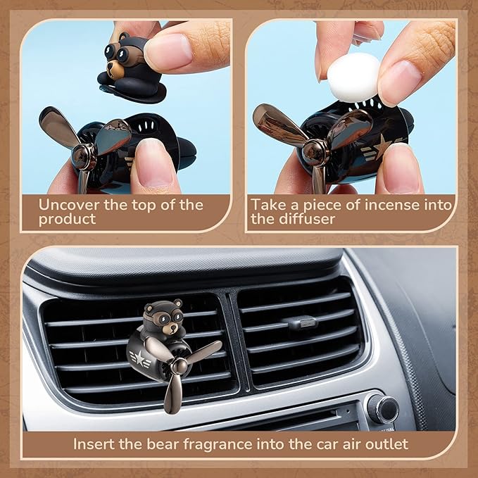 Tallew Car Air Freshener Cute Bear Car Vent Clip Diffuser with Rotating Propeller Outlet Vent 2.5" x 2.4" x 2.1" Easy to Install Included 2 Scents Aroma Tablets Aromatherapy Ornament Auto Accessories