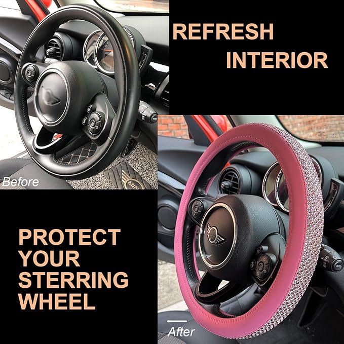 PINCTROT Large Size Bling Comfy Steering Wheel Cover with Jumbo Crystal Rhinestones, Anti-Slip Diamond Leather, 15.5-15.75 Inch (All Pink)