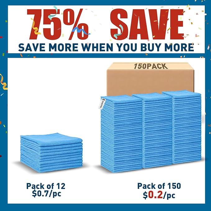 TEAWOO Microfiber Towels Bulk-150 Pack, Cleaning Cloths, Microfiber Towels for Cars, Cleaning Rags Blue (12x12 inches)