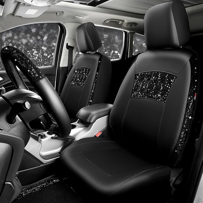 CAR PASS Universal Black Leather Lace Car Seat Covers Full Set for Women Girls,Waterproof Car Floor Mats Carpet,Glitter Steering Wheel Cover for Cars Accessories Interior Sets (Black)