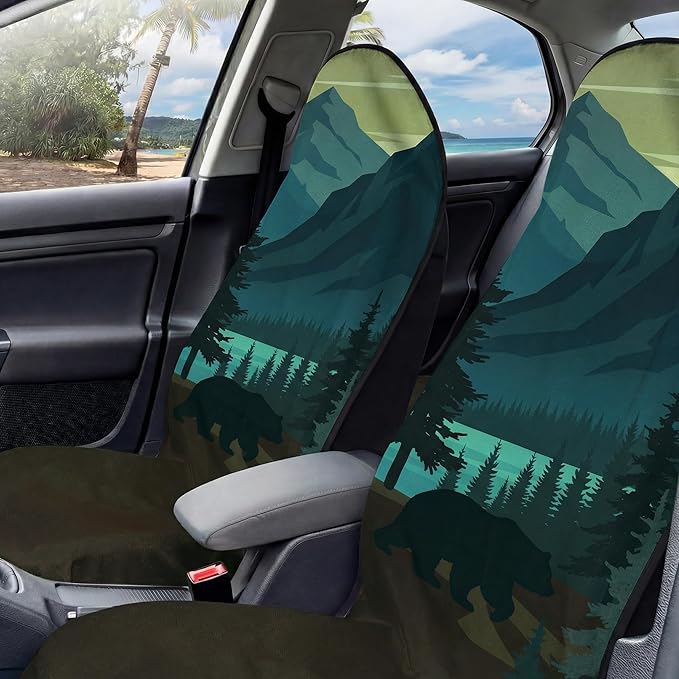 2 Pack Car Seat Towel Covers, Sweat Protector for Front Seats, Premium Thickened Microfiber with Black Bear Wildlife Forest, Breathable and Quick Dry, Slip-on Headrest Pocket for Gym, Beach, Running