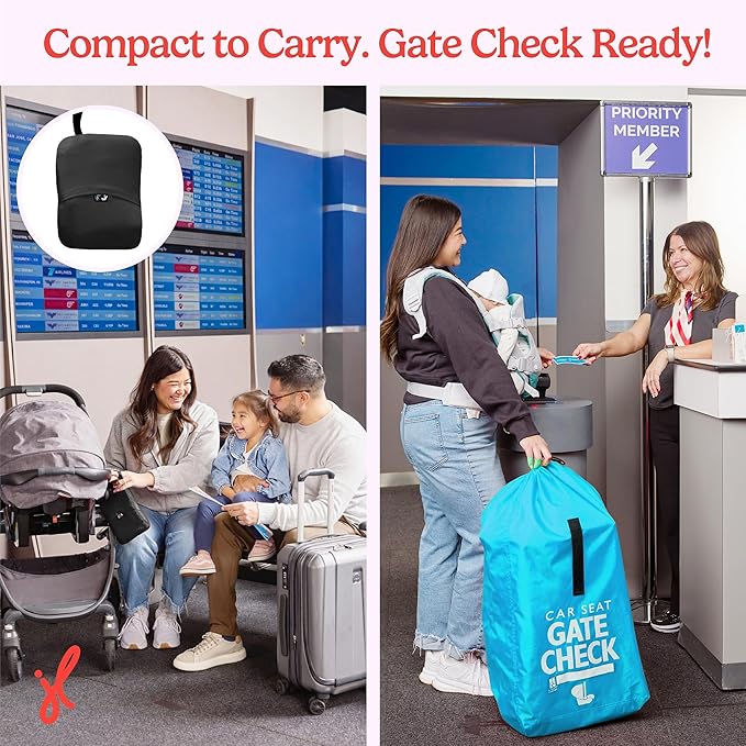 J.L. Childress Gate Check Travel Bag for Car Seats - Car Seat Travel Bag for Airplane, Includes AIRTAG Holder, Fits All Baby Carriers, Infant Carriers & Child Booster Seats - Neon Blue