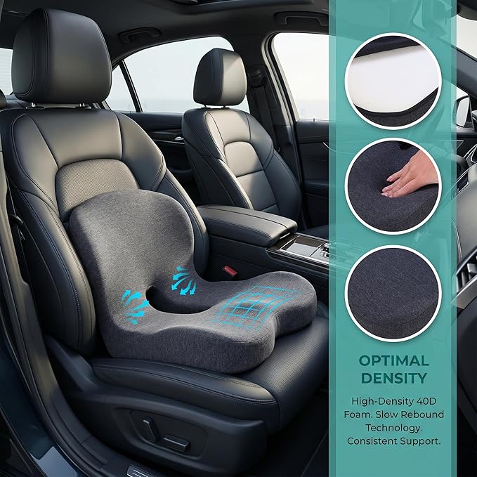 ZUAMEGUMemory Foam Car Seat Cushion – Ergonomic Driver Cushion for Sciatica & Tailbone Pain, Breathable Non-Slip Car Seat Pad for Car, Office Chair, Wheelchair