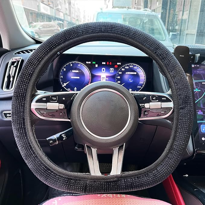 Steering Wheel Cover for Women Boho Universal Steering Wheel Covers Protector Car Accessories for Car 15 inch (Bling Black)