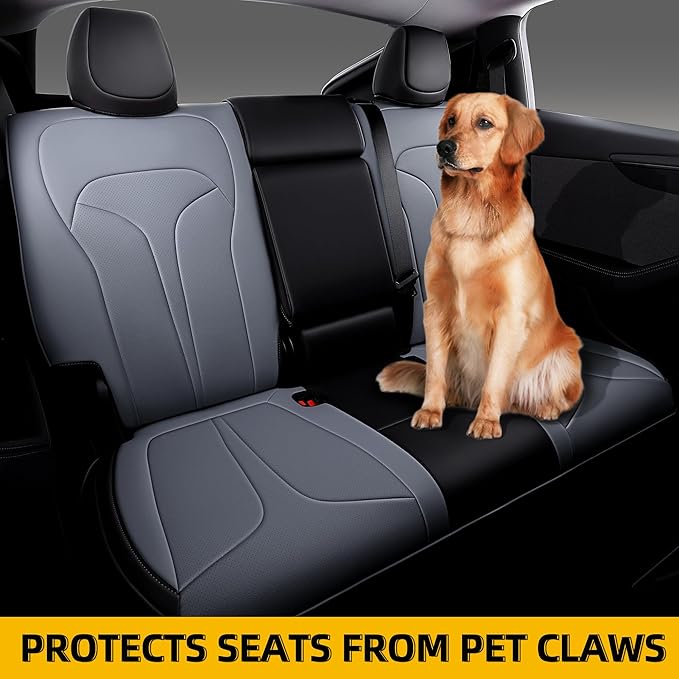 Custom Fit Seat Covers for 2025 2026 Tesla Model Y Juniper (5-Seater), Waterproof Breathable Nappa Leather, OEM Factory Style Full Set Car Seat Protectors Airbag Compatible - Black+Grey