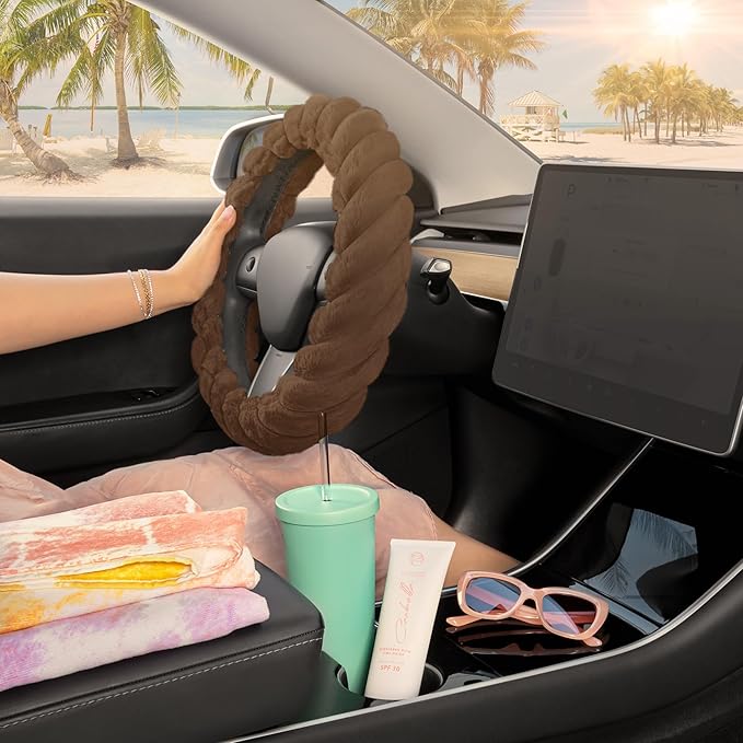 Carbella Twisted Fur Brown Soft Steering Wheel Cover, Standard 15 Inch Size Fits Most Vehicles, Fuzzy Fluffy Car Steering Cover with Soft Faux Fur Touch, Car Accessories for Women