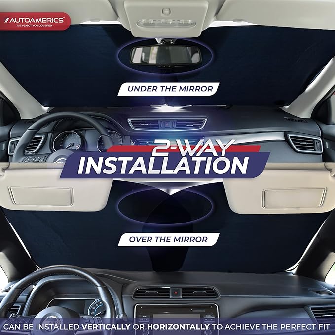 Autoamerics 2-Piece Windshield Sun Shade - Metallic Blue Foldable Car Front Window Sunshade for Most Cars SUV Truck Heat Blocker Visor Protector Blocks Max UV Rays and Keeps Your Vehicle Cool - Medium