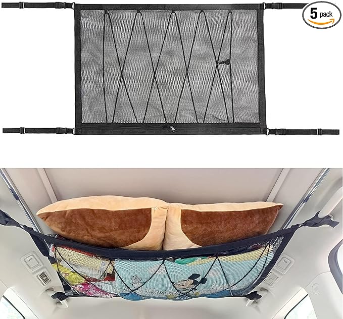Car Ceiling Storage Net | Double Zipper, Adjustable Strap Prevent Falling, 31"x21"Double-Layer Mesh Long Road Trip Camping Van SUV Roof Cargo Pocket Organizer for Putting Quilt Toys Sundries