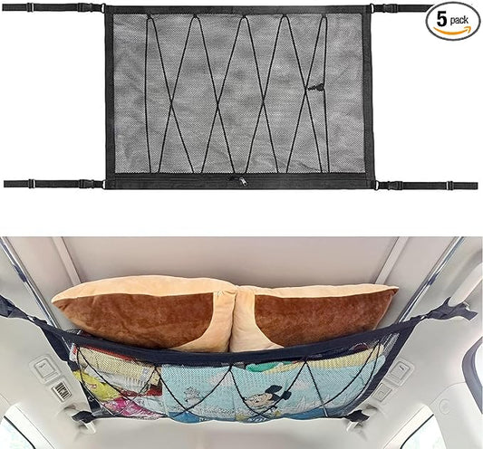 Car Ceiling Storage Net | Double Zipper, Adjustable Strap Prevent Falling, 31"x21"Double-Layer Mesh Long Road Trip Camping Van SUV Roof Cargo Pocket Organizer for Putting Quilt Toys Sundries