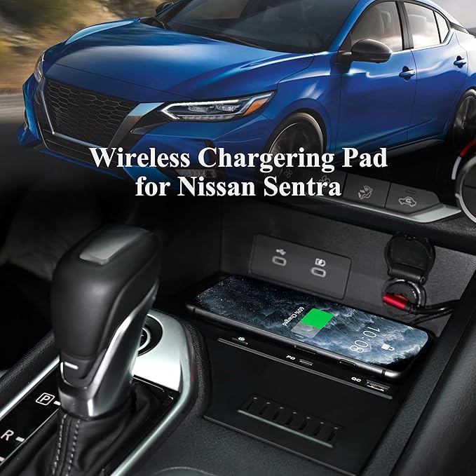 Car Wireless Charger for 2020+ Nissan Sentra, 30W Fast Charging USB-A USB-C 15W Wireless Charger Pad with Anti-Slip Silicon Mat for 2020-2024 Nissan Sentra S, SV, SR Accessories