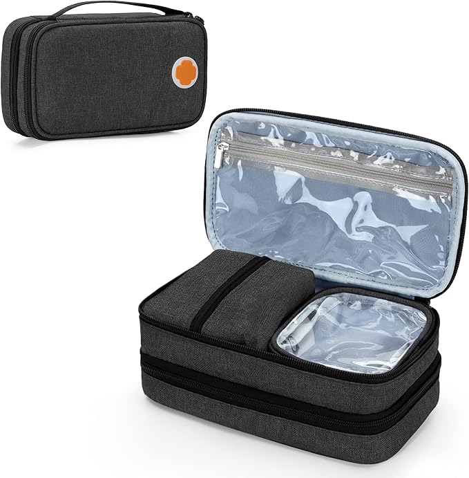 CURMIO Insulated Insulin Cooler Travel Case, Double Layer Diabetic Supplies Storage Bag with Detachable Pouches for Diabetic Medication and Ice Packs, Black, Empty Bag Only