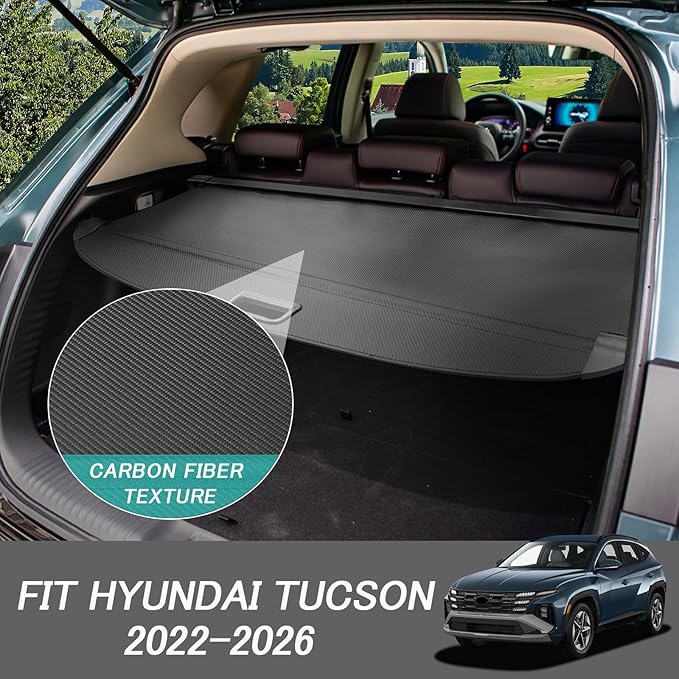Cargo Cover for Hyundai Tucson 2026 2025-2022 Accessories Retractable Trunk Cover Security Shielding Shade Cargo Luggage Cover Trunk Privacy Protection (Carbon Fiber Texture)