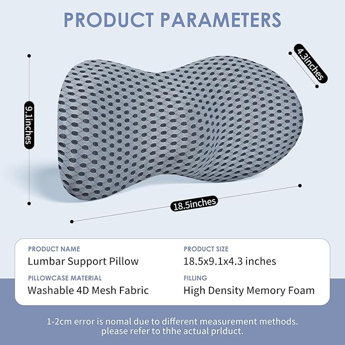 Lumbar Support Pillow, Memory Foam Lumbar Pillow for Lower Back Pain Relief, Back Support Pillow for Office Chair, Car Seat - Gray