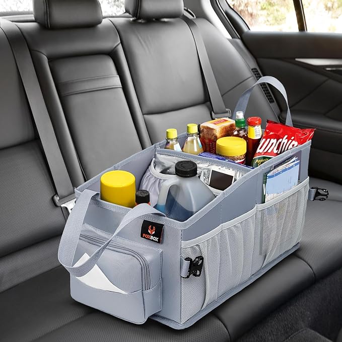FoxBox Car Seat and Trunk Organizer, Front or Back Seat Storage - SUV Passenger Floor, Under or Between Seats Organization, Car Gifts for Men and Women (Grey)