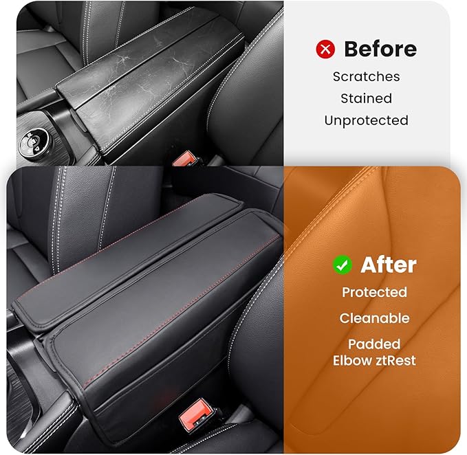 Center Console Armrest Cover for Nissan Rogue 2021-2026, Middle Console Pad Lid Cover Protector Elbow Arm Rest with Side Pockets, Rogue Interior Accessories, PU Leather (Red Stitches)
