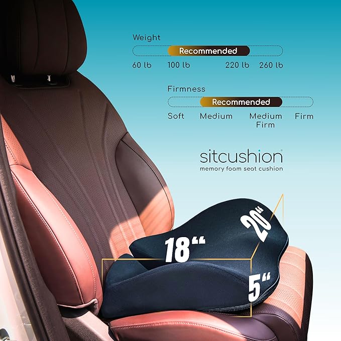 Car Seat Cushion for Long Driving – X Large Memory Foam Seat Cushion for Sciatica & Tailbone Pain Relief, Orthopedic Coccyx Cushion with Non-Slip Bottom, Back Pillow for Car, Truck (Black)