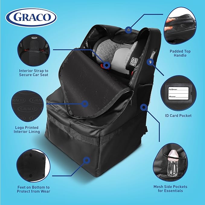 Graco Padded Car Seat Travel Bag & Infant Carrier Backpack, Durable Large Back Pack for Carseats & Booster Seats, Airport Gate Check Bag Luggage, Double Padded Strap, Water Resistant Material, Black
