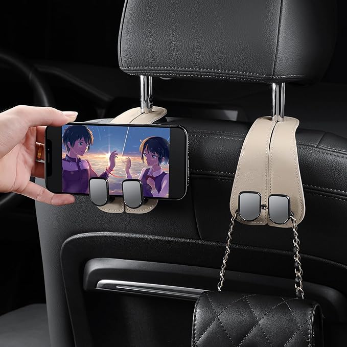 2 Pack KAFANLIN Car Headrest Hooks for Purses and Bags Cute Leather Car Seat Back Head Rest Double Hooks for Bags Cute Pink Beige Car Accessories Headrest Back Seat Handbags Hook (Black 2 Pack)