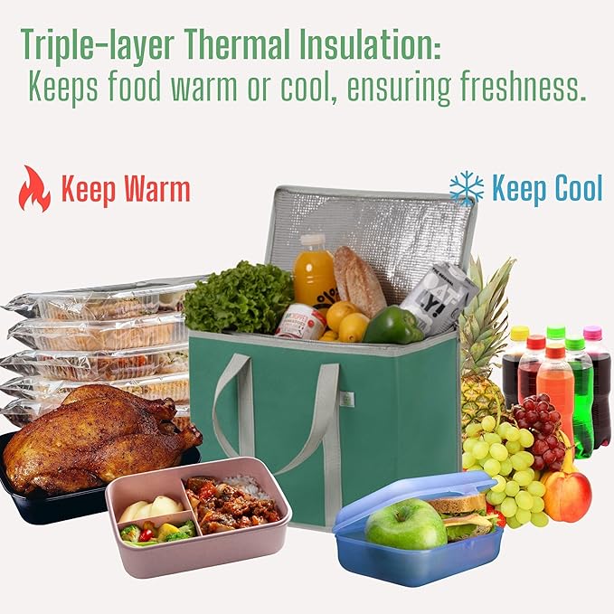 VENO 3 Pack Cooler Bag Insulated Reusable Grocery Shopping Bag, Food Delivery, Heavy Duty, Large Size, Durable Handles, Double Zippers, Lid, Collapsible (Green, 3 Pack)