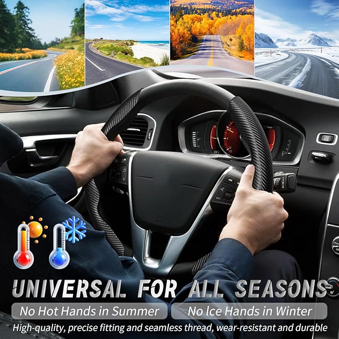 WOCOCN 2pcs Car Steering Wheel Cover,Anti-Skid Carbon Fiber Steering Wheel Protector for Men Women,Multiple Color Options,Universal for Most Car Interiors Accessories (Black)