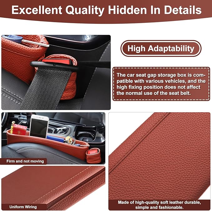 2 Pack Update Car Seat Gap Filler Organizer Leather Console Storage Box Front Side Pocket Seats Organizers Filler Interior Car Accessories for Phone Wallet Coin Key Sunglasses (Brown)