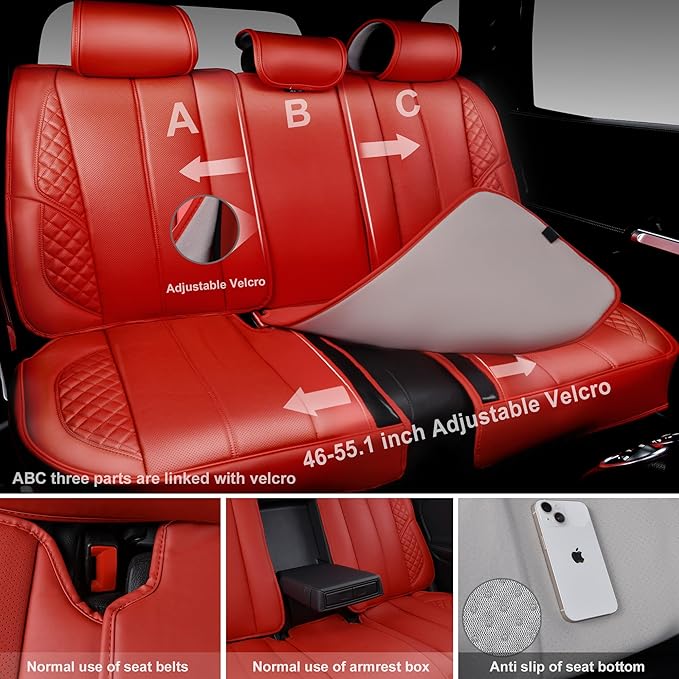 CAR PASS Nappa PU Leather Car Seat Covers Full Set Waterproof Protector Durable Cushioned,Universal Fit for Sedan SUV Pick-up Truck,Anti-Slip Luxury Premium Deluxe(Red)