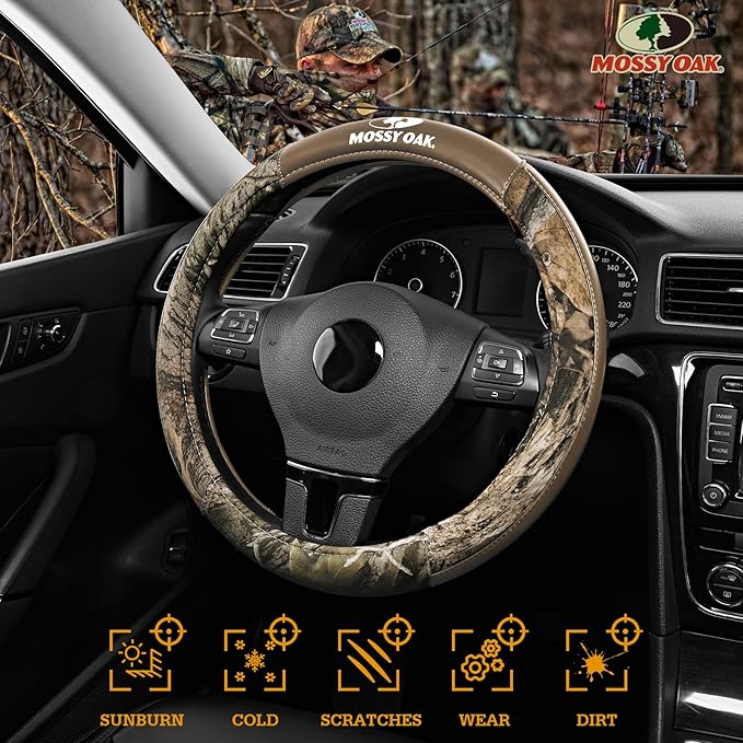 Mossy Oak Camo Steering Wheel Cover, Durable Grip Car Steering Cover, Universal Fit 14.5"–15.5" - Made with Premium Beige PVC Leather and Cotton Fabric, Anti-Slip - Official Licensed Product