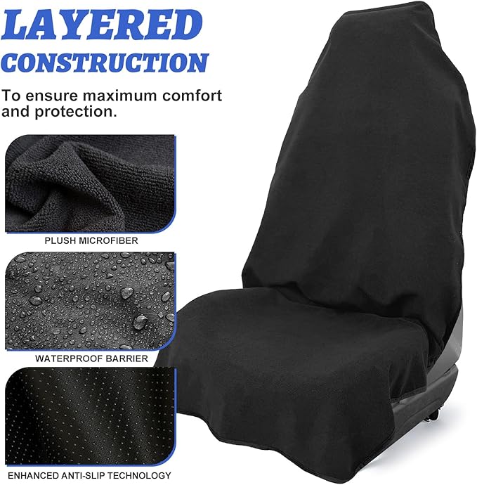 Car Front Seat Cover: Waterproof & sweatproof, fits all cars/SUVs/trucks. Ideal for gym, sports & beach. 3-layer non-slip, easy machine wash. Shields seats from stains & wetness. (Black, 1Pcs)