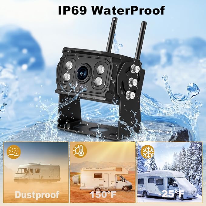 10'' Wireless Backup Camera System, 2 HD 1080P IP69 Waterproof Cameras with Large IPS Full Touch Screen 4 Channels Monitor, IR Night Vision Reverse Camera for RV Truck Trailer Camper