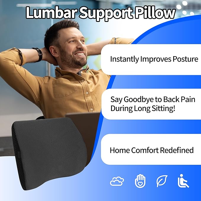 Lumbar Support Pillow for Car, Lower Back Support for Driving Seat Memory Foam Lumbar Pillow for Office Chair - Back Pain Relief for Car Seat, Wheelchair (Black)