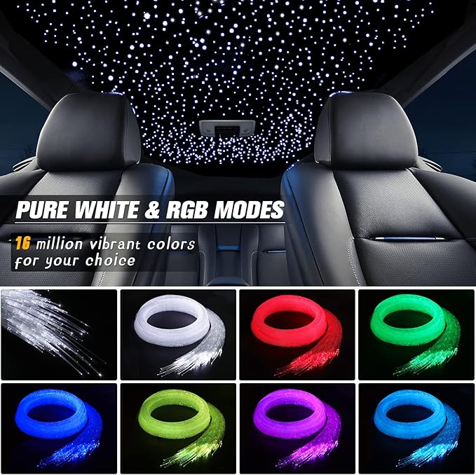 32W Twinkle Starlight Headliner Kit, 1000pcs*0.03in*13.1ft LED Fiber Optic Lights Kit, Star Ceiling Light+10 Crystals+Adapter+Car Use Plug for Car Roof/Home with APP/Remote/Music Mode