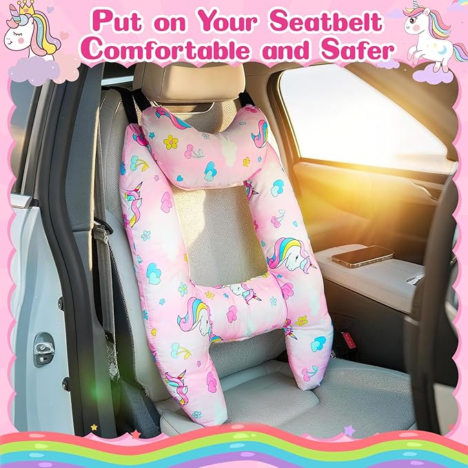 Chunful H-Shape Car Seat Pillow for Kids Car Travel Pillow for Kid Children Vehicle Sleeping Head Support Back Seat Adjustable Head Neck and Shoulder Support for Long Trips Sleeping (Unicorn)
