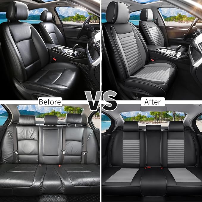 Car Seat Covers Full Set Fit for Toyota Yaris 2007-2020, Premium Faux Leather Car Seat Protector,Breathable Anti-Slip Full Wrapping Edge Seat Covers(Black&Gray,Full Set)