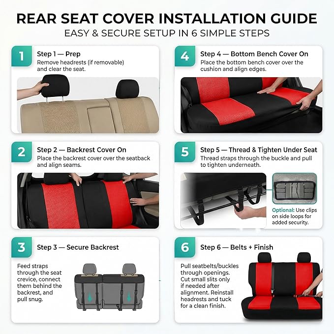 FH Group Automotive Rear Car Seat Covers for SUV, Trucks, Sedan and More - Universal Fit Front High Back & Rear Solid Bench Design Interior Accessories - 3D Mesh Fabric Center Panel - Red