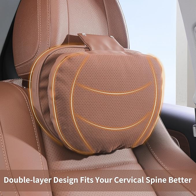 Car Headrest Pillow for Driving, Dual-Sided Leather Design Neck Pillow, Breathable Softness Neck Support, Universal Fit Head Rest Travel Pillow, Brown, 2 Pack