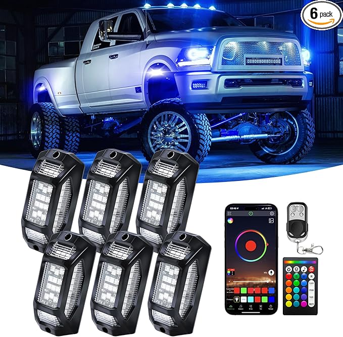 6 Pods 5-Sides Full Angle RGB LED Rock Lights High Brightness 36 Beads RGB 5050 IP68 Waterproof Underglow Multicolor Zone Neon Exterior Rock Lights for 12V Trucks Jeep UTV ATV RZR Offroad Pickup SUV