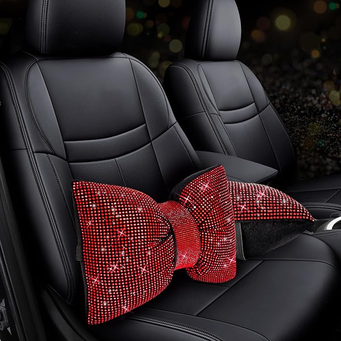 2 PCS Bling Car Pillows,Rhinestones Bowknot Car Headrest Pillow,Car Neck Pillow for Driver Relax Necksupport,Sleeping Travel Support Neck Pillow,Shiny Diamond Interior Accessories for Women,Red