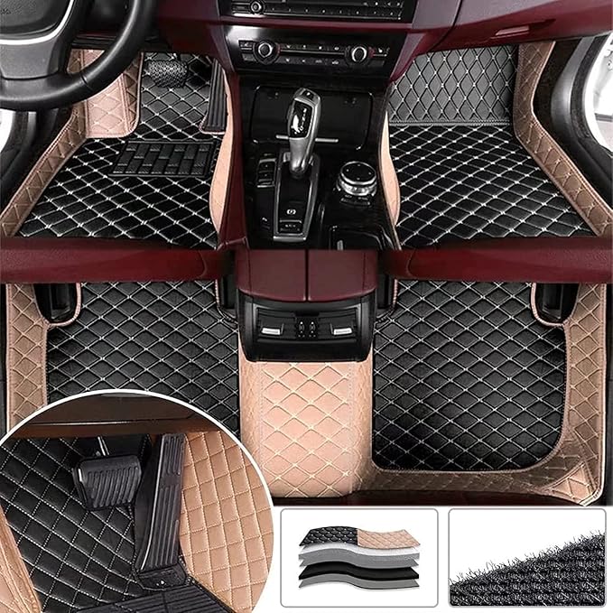 Custom Car Floor Mats for 96% Sedan SUV Sports Car Protection Full Coverage Pads Anti-Slip Leather Floor Lining All Weather Car Floor Mats (Black Beige and Beige)