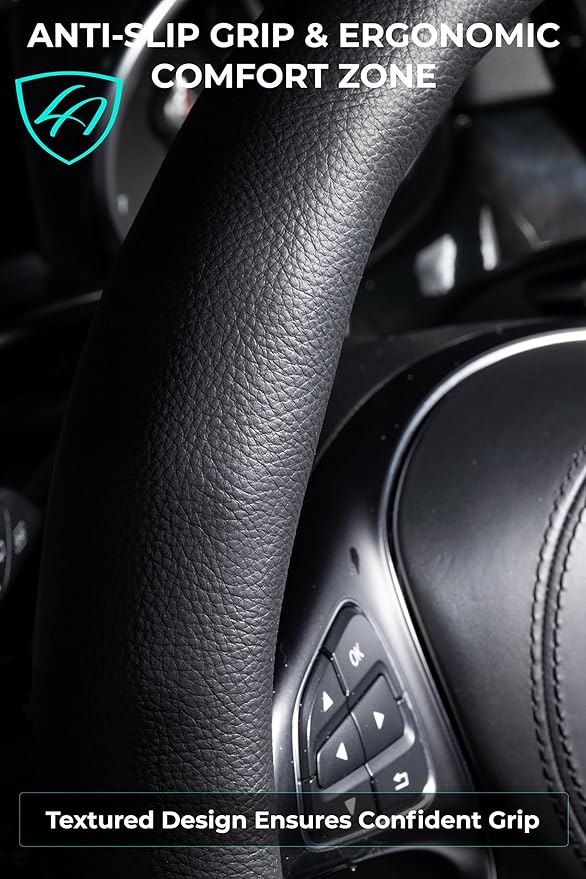 Lord Autofashion Steering Wheel Cover – PU Leather, Non-Slip Rubber Inner, All-Season Comfort – 14.5–15 Inch (Black 8399)